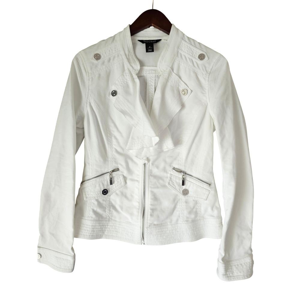 White House Black Market White Military Ruffle Zip Jacket Size 2 Epaulettes